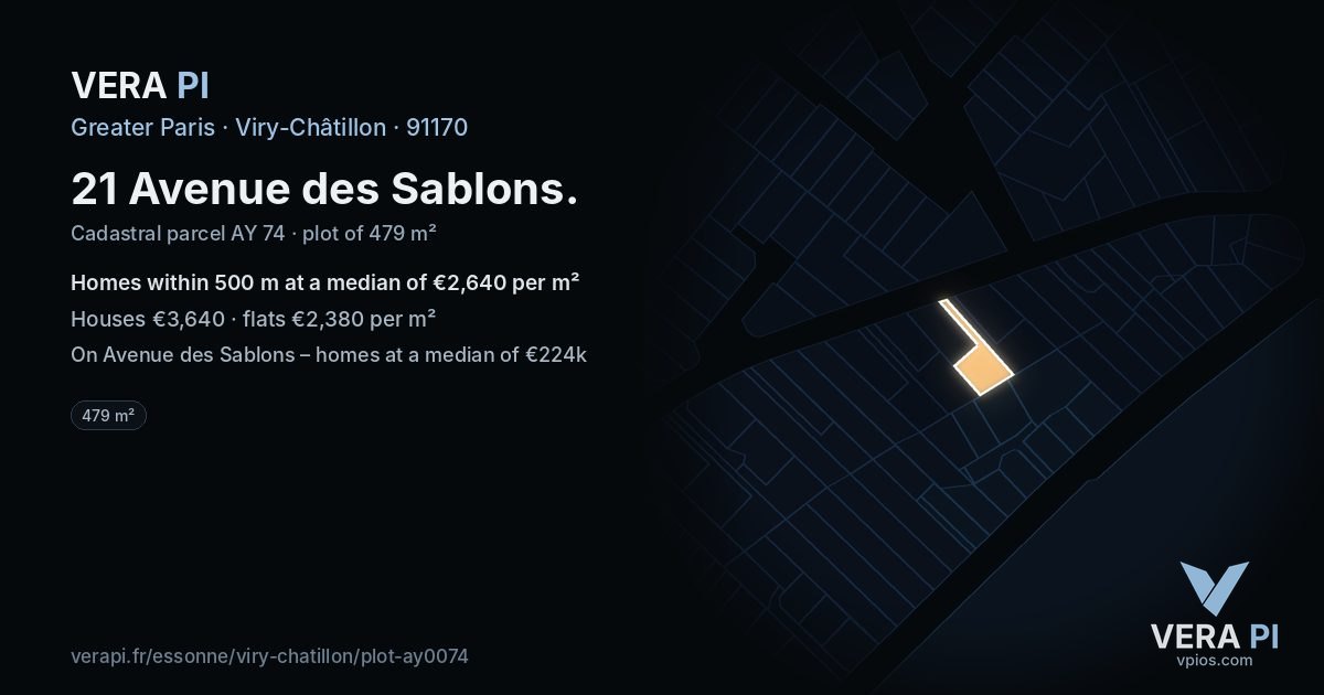 21 Avenue des Sablons, Viry-Châtillon at night – the plot lit, the parcels around coloured by the prices near them