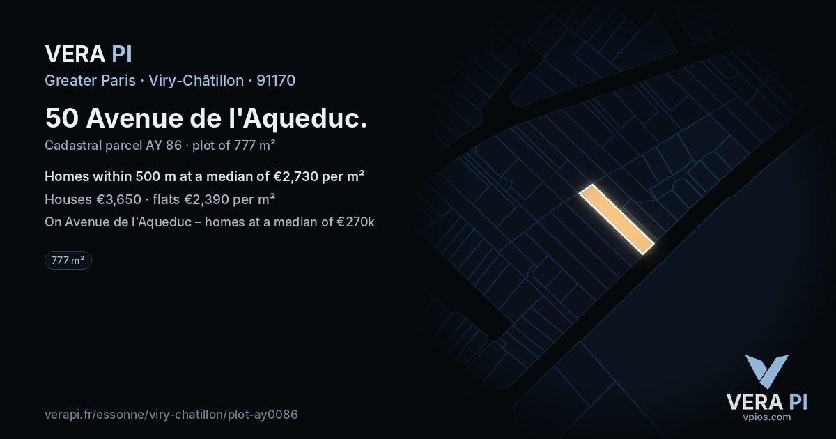 50 Avenue de l'Aqueduc, Viry-Châtillon at night – the plot lit, the parcels around coloured by the prices near them