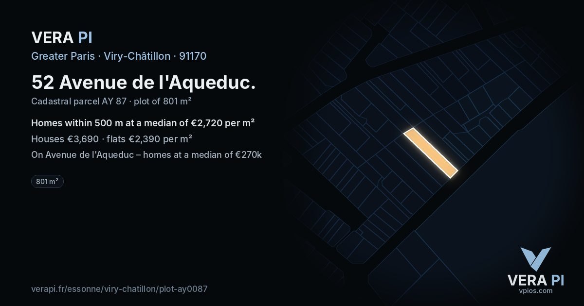52 Avenue de l'Aqueduc, Viry-Châtillon at night – the plot lit, the parcels around coloured by the prices near them