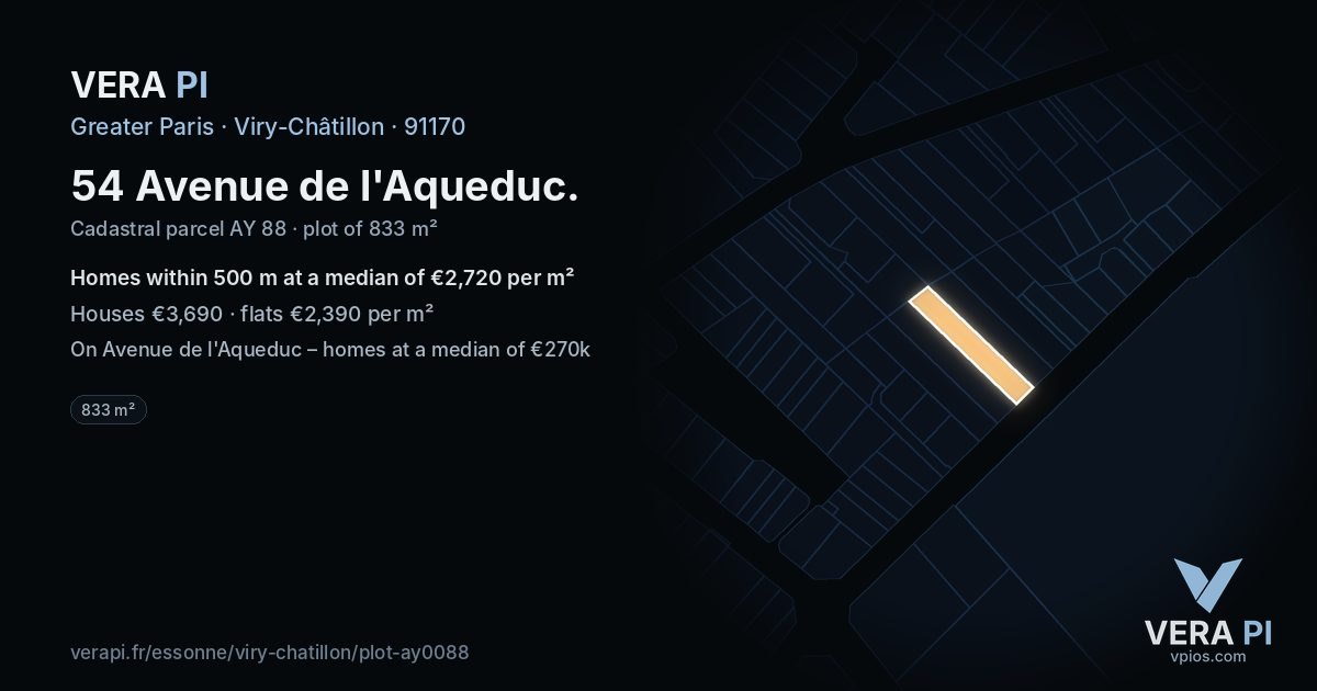 54 Avenue de l'Aqueduc, Viry-Châtillon at night – the plot lit, the parcels around coloured by the prices near them