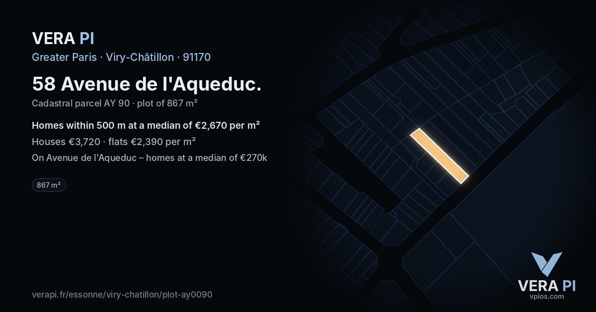 58 Avenue de l'Aqueduc, Viry-Châtillon at night – the plot lit, the parcels around coloured by the prices near them