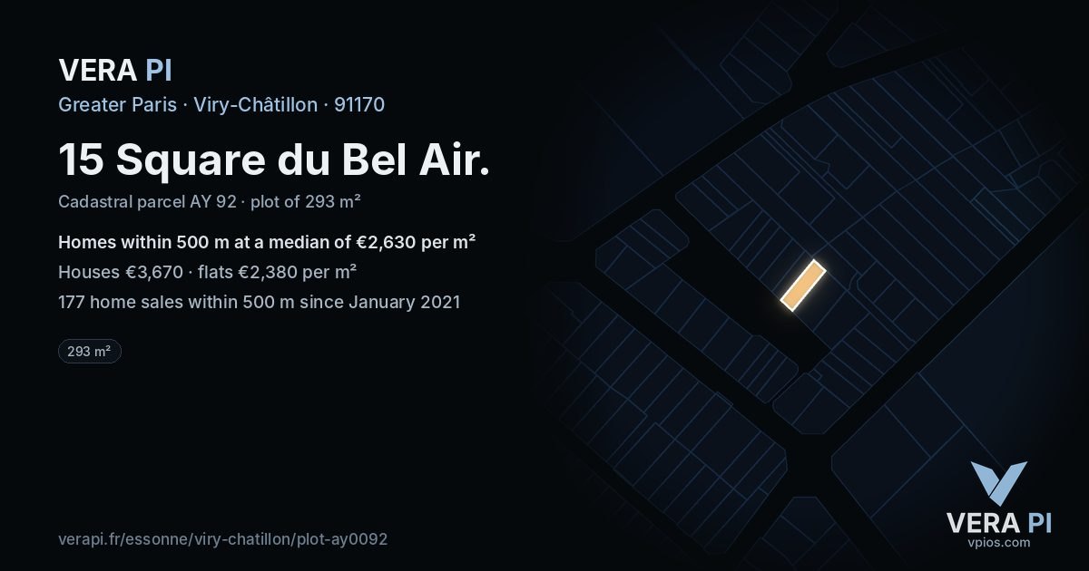 15 Square du Bel Air, Viry-Châtillon at night – the plot lit, the parcels around coloured by the prices near them