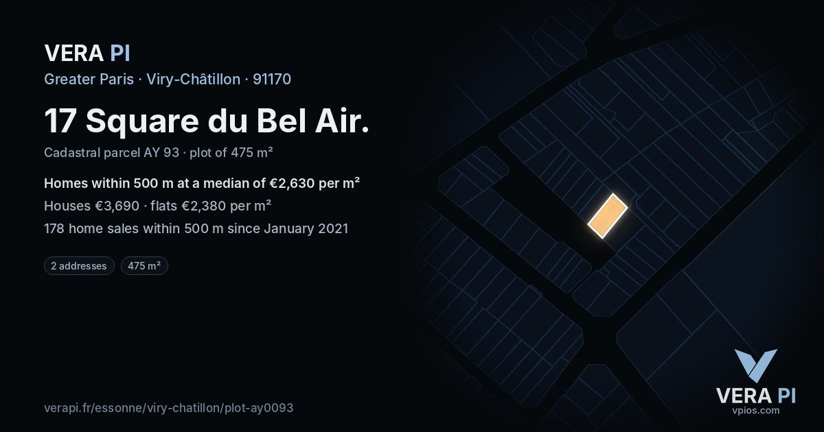 17 Square du Bel Air, Viry-Châtillon at night – the plot lit, the parcels around coloured by the prices near them