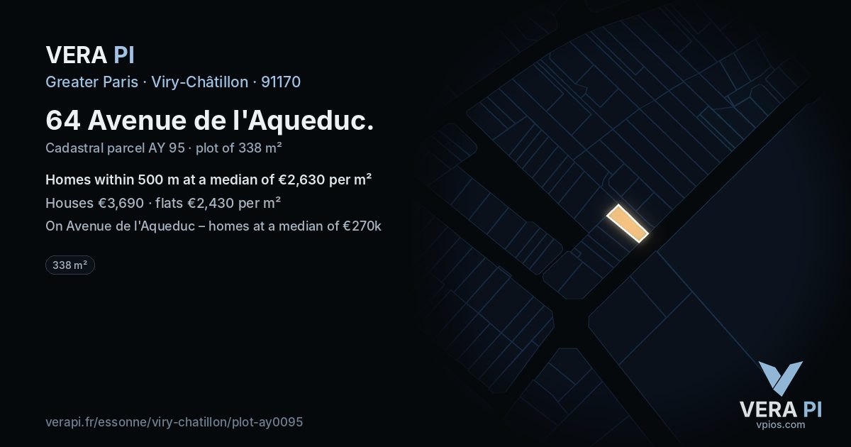 64 Avenue de l'Aqueduc, Viry-Châtillon at night – the plot lit, the parcels around coloured by the prices near them