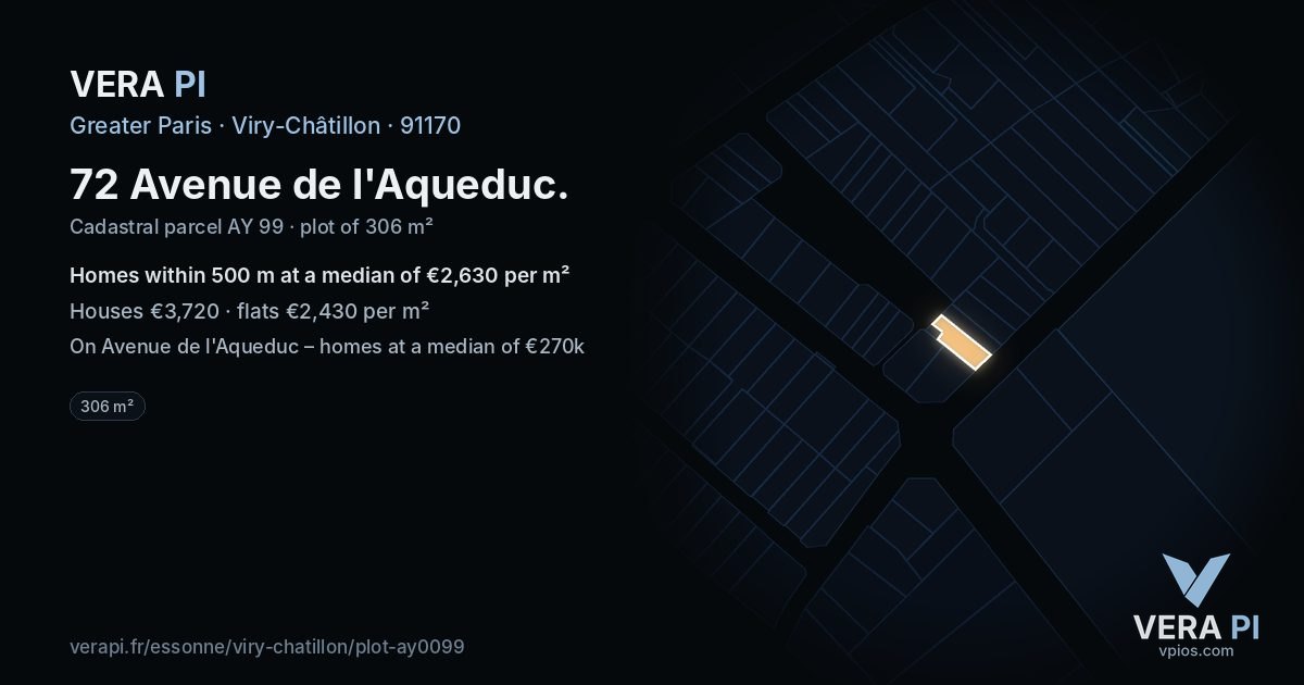 72 Avenue de l'Aqueduc, Viry-Châtillon at night – the plot lit, the parcels around coloured by the prices near them