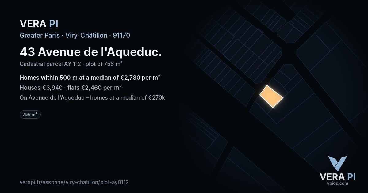 43 Avenue de l'Aqueduc, Viry-Châtillon at night – the plot lit, the parcels around coloured by the prices near them
