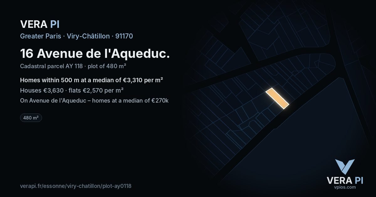 16 Avenue de l'Aqueduc, Viry-Châtillon at night – the plot lit, the parcels around coloured by the prices near them