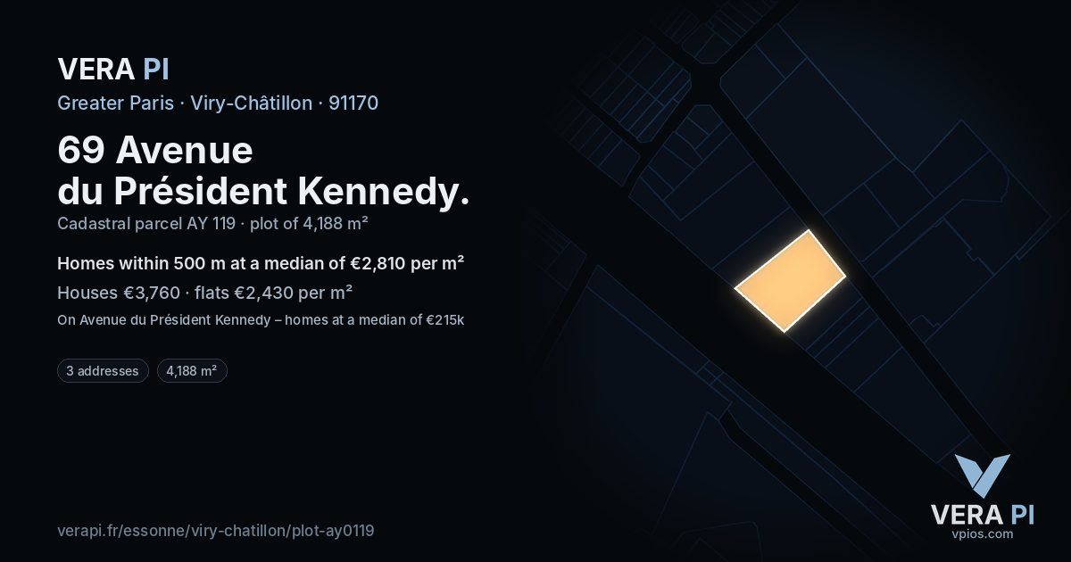 69 Avenue du Président Kennedy, Viry-Châtillon at night – the plot lit, the parcels around coloured by the prices near them