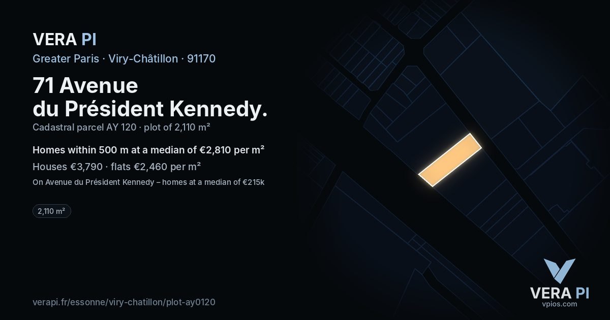 71 Avenue du Président Kennedy, Viry-Châtillon at night – the plot lit, the parcels around coloured by the prices near them