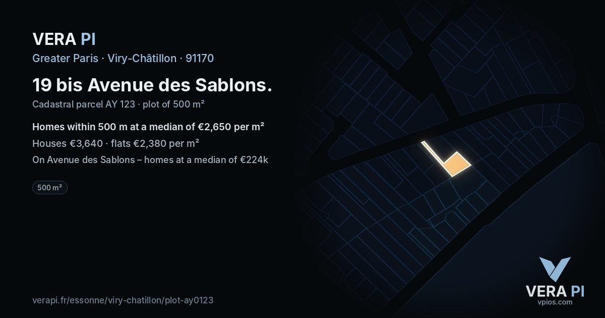 19 bis Avenue des Sablons, Viry-Châtillon at night – the plot lit, the parcels around coloured by the prices near them