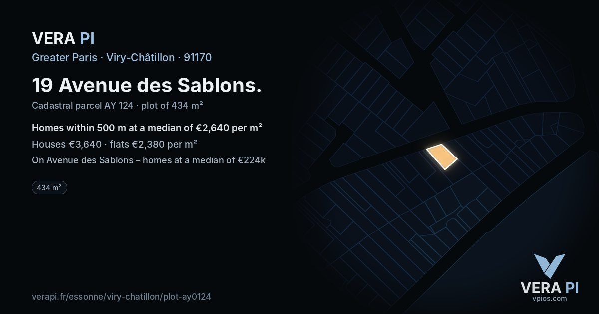 19 Avenue des Sablons, Viry-Châtillon at night – the plot lit, the parcels around coloured by the prices near them