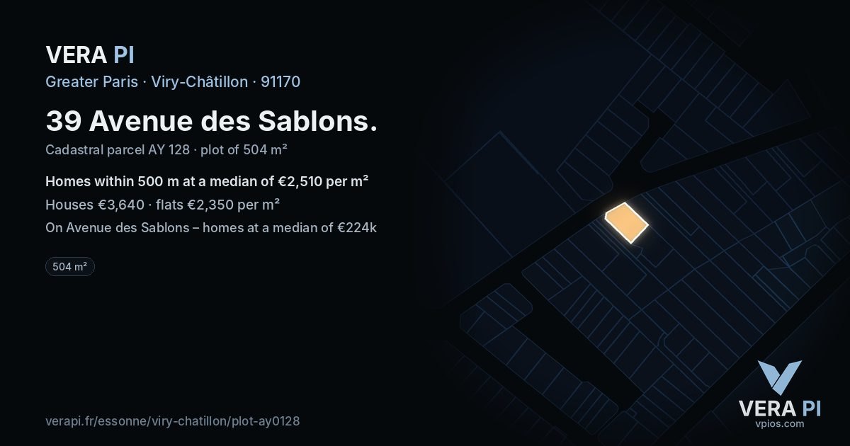 39 Avenue des Sablons, Viry-Châtillon at night – the plot lit, the parcels around coloured by the prices near them
