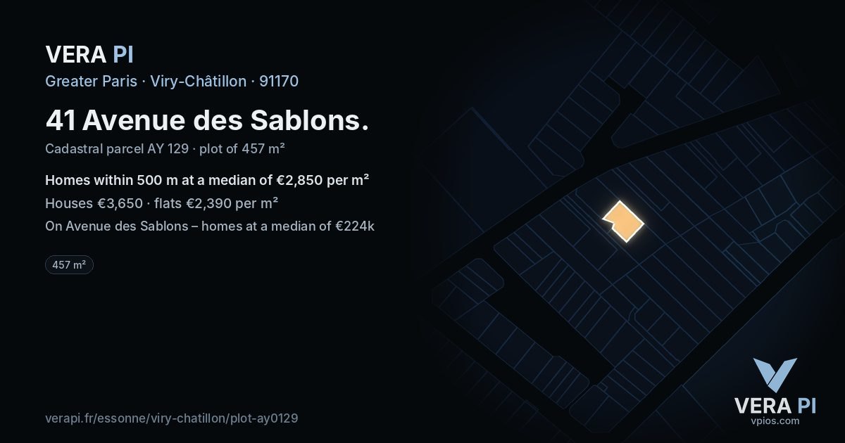 41 Avenue des Sablons, Viry-Châtillon at night – the plot lit, the parcels around coloured by the prices near them