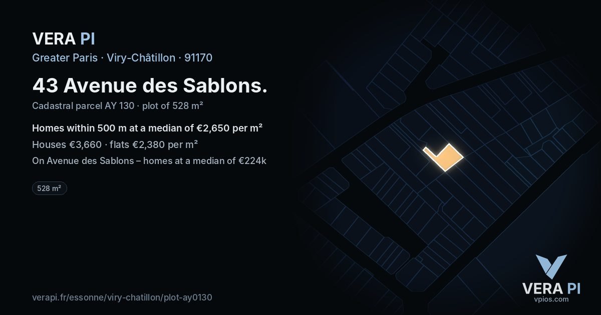 43 Avenue des Sablons, Viry-Châtillon at night – the plot lit, the parcels around coloured by the prices near them