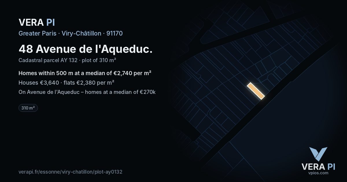 48 Avenue de l'Aqueduc, Viry-Châtillon at night – the plot lit, the parcels around coloured by the prices near them