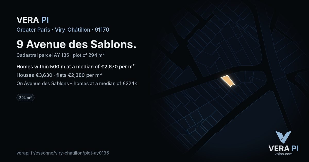 9 Avenue des Sablons, Viry-Châtillon at night – the plot lit, the parcels around coloured by the prices near them