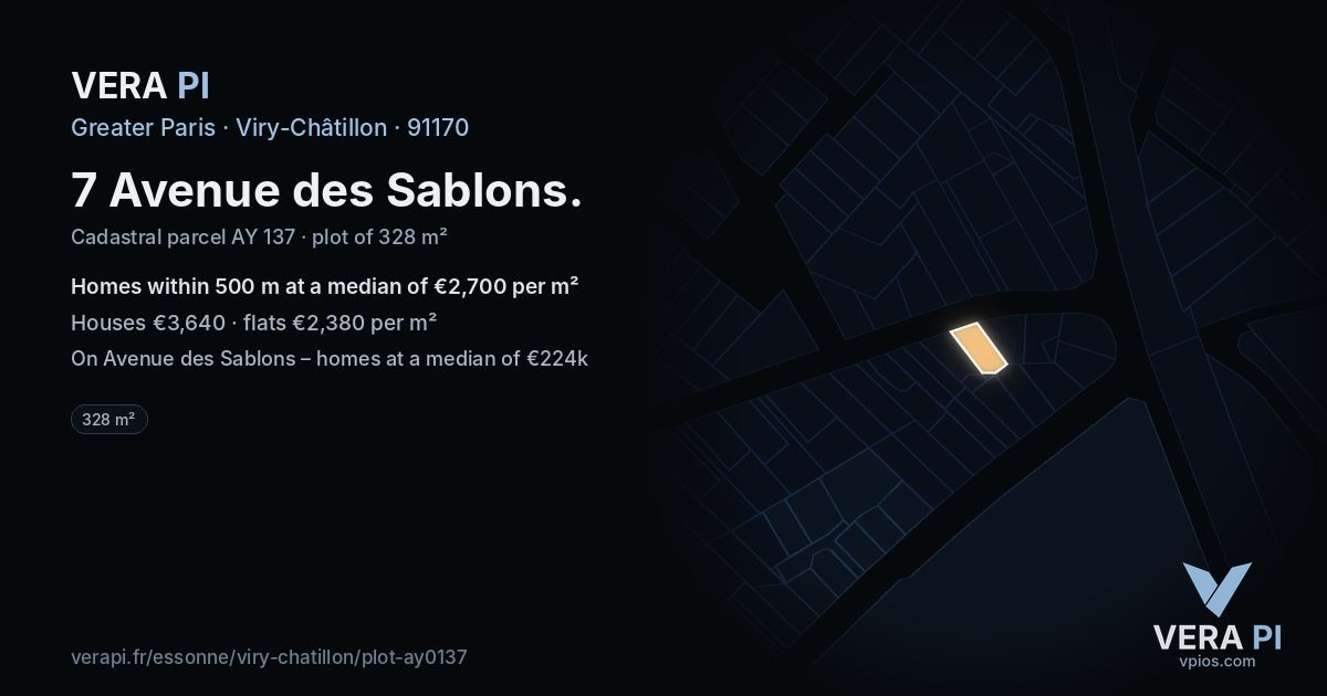 7 Avenue des Sablons, Viry-Châtillon at night – the plot lit, the parcels around coloured by the prices near them