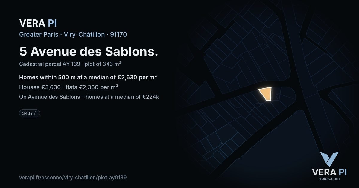 5 Avenue des Sablons, Viry-Châtillon at night – the plot lit, the parcels around coloured by the prices near them