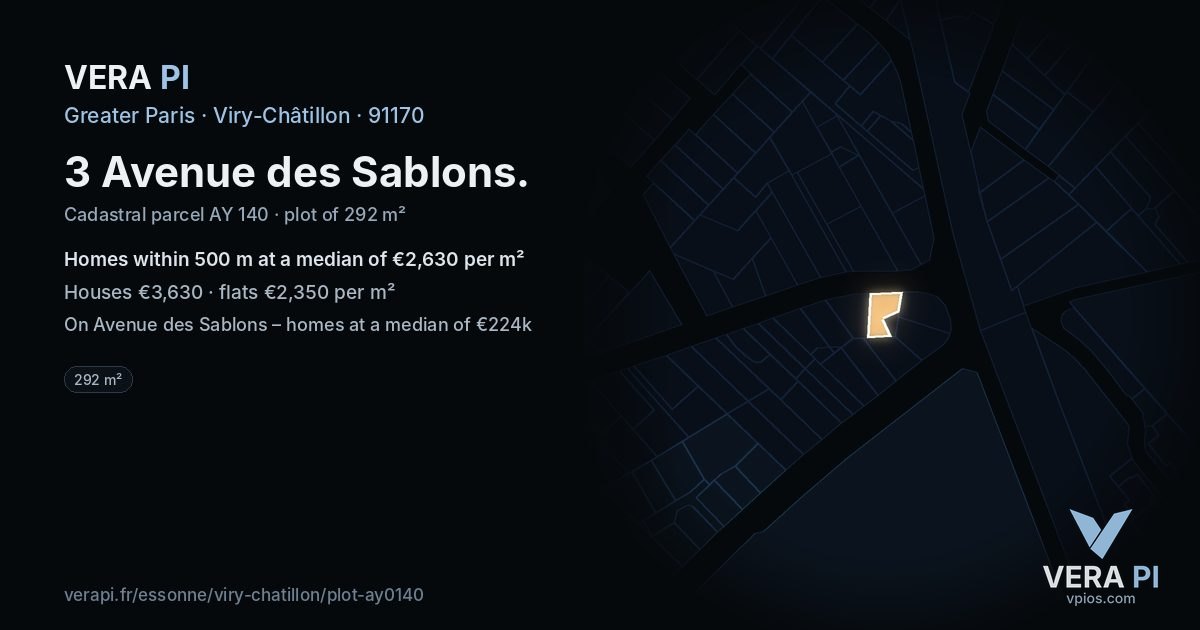 3 Avenue des Sablons, Viry-Châtillon at night – the plot lit, the parcels around coloured by the prices near them