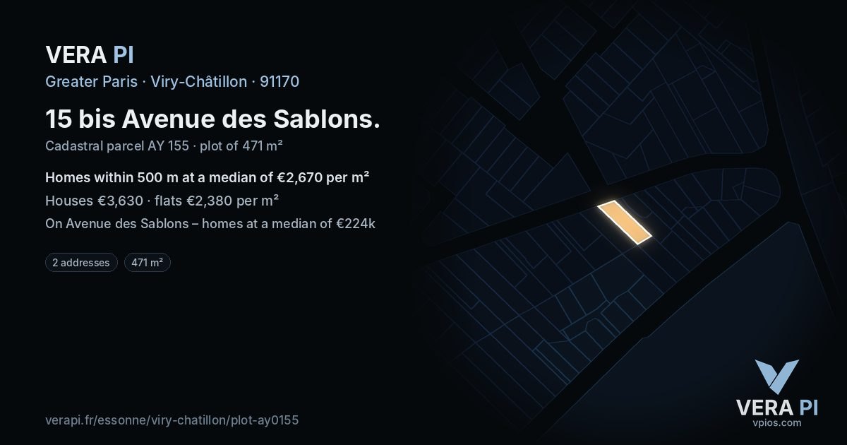 15 bis Avenue des Sablons, Viry-Châtillon at night – the plot lit, the parcels around coloured by the prices near them
