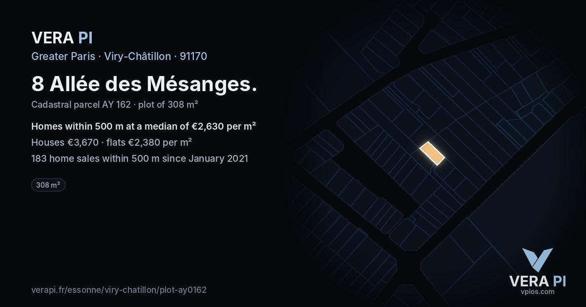 8 Allée des Mésanges, Viry-Châtillon at night – the plot lit, the parcels around coloured by the prices near them