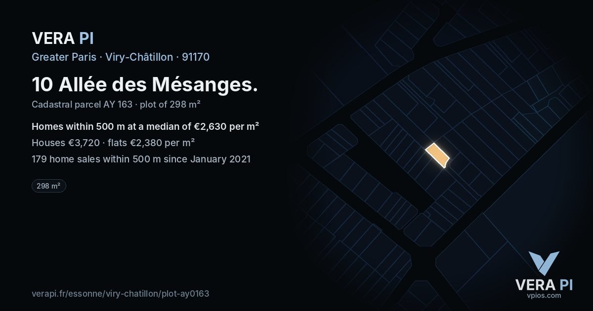10 Allée des Mésanges, Viry-Châtillon at night – the plot lit, the parcels around coloured by the prices near them