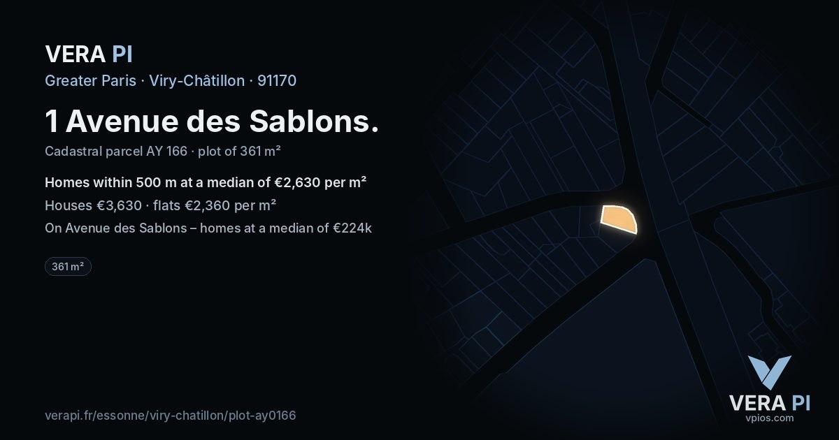 1 Avenue des Sablons, Viry-Châtillon at night – the plot lit, the parcels around coloured by the prices near them