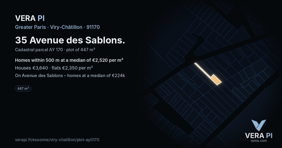 35 Avenue des Sablons, Viry-Châtillon at night – the plot lit, the parcels around coloured by the prices near them