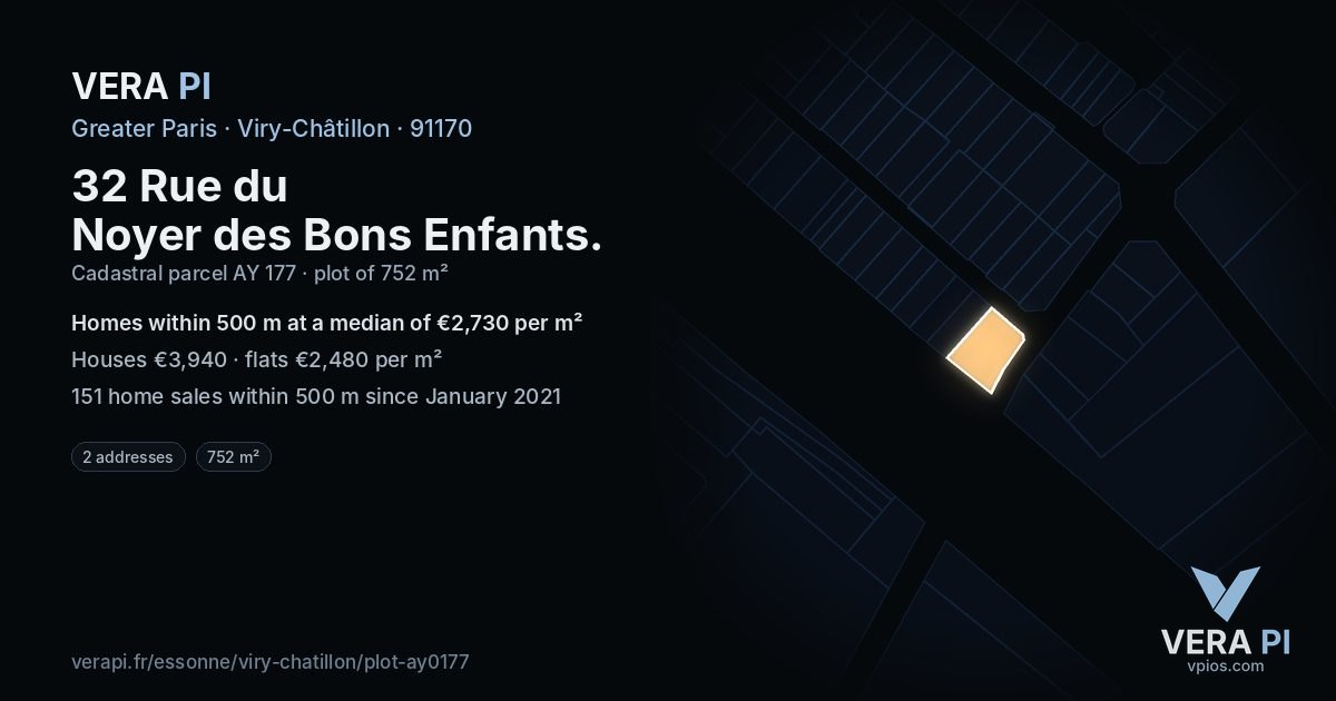 32 Rue du Noyer des Bons Enfants, Viry-Châtillon at night – the plot lit, the parcels around coloured by the prices near them