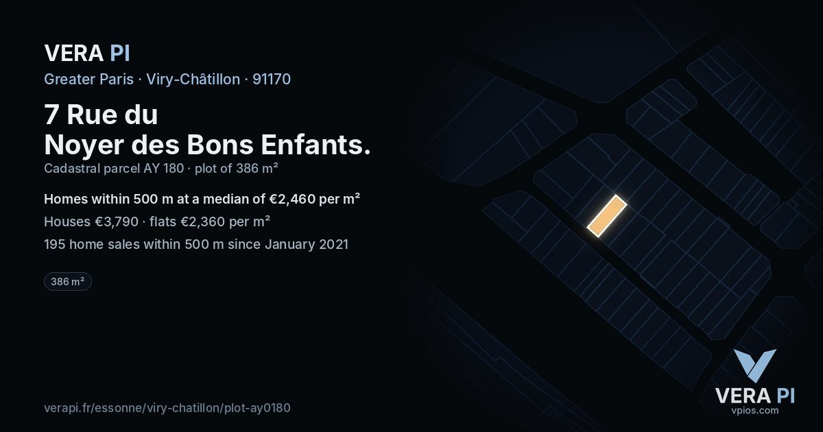 7 Rue du Noyer des Bons Enfants, Viry-Châtillon at night – the plot lit, the parcels around coloured by the prices near them