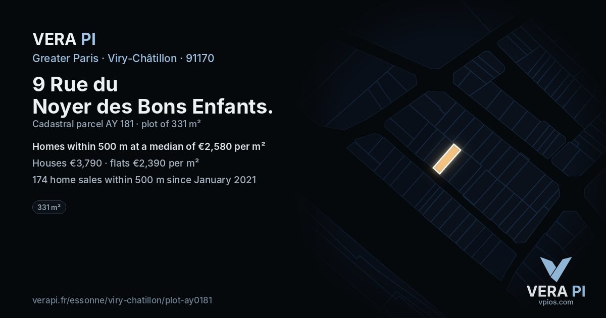 9 Rue du Noyer des Bons Enfants, Viry-Châtillon at night – the plot lit, the parcels around coloured by the prices near them