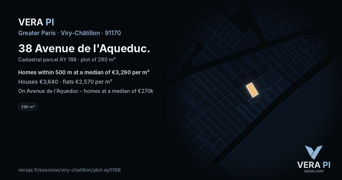 38 Avenue de l'Aqueduc, Viry-Châtillon at night – the plot lit, the parcels around coloured by the prices near them