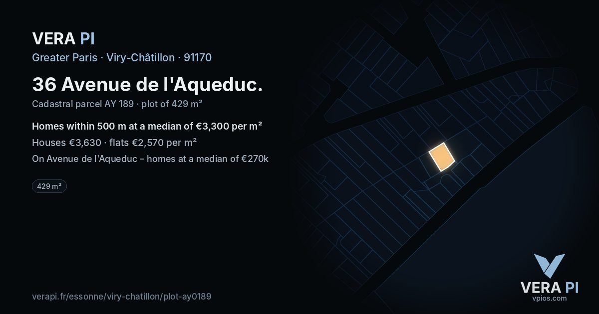 36 Avenue de l'Aqueduc, Viry-Châtillon at night – the plot lit, the parcels around coloured by the prices near them