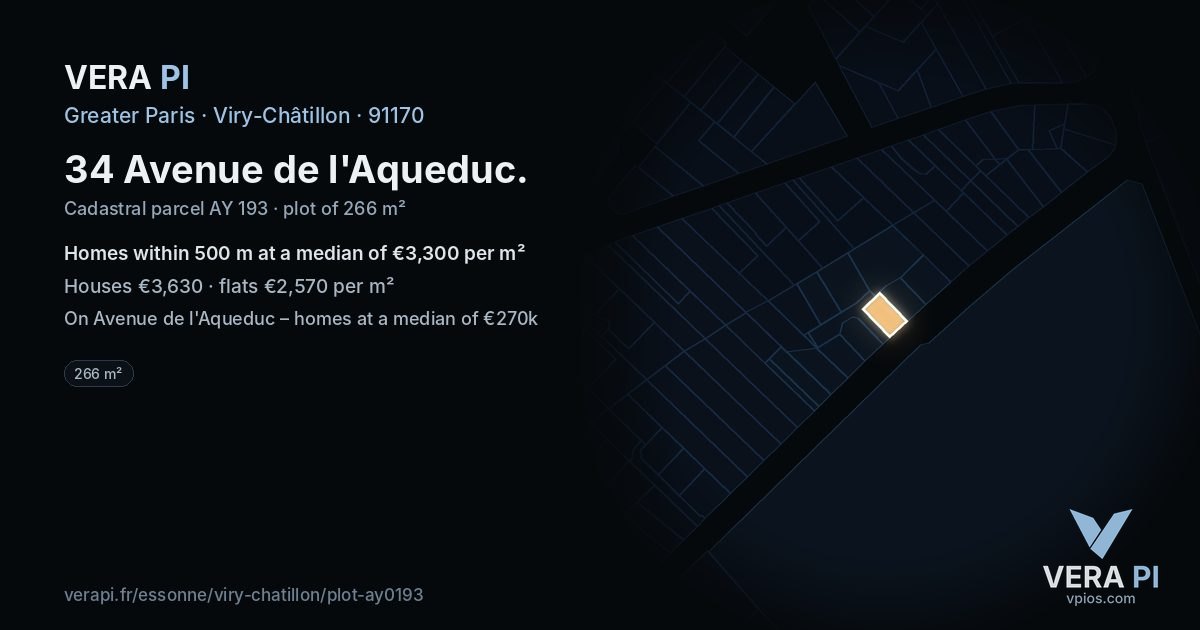 34 Avenue de l'Aqueduc, Viry-Châtillon at night – the plot lit, the parcels around coloured by the prices near them