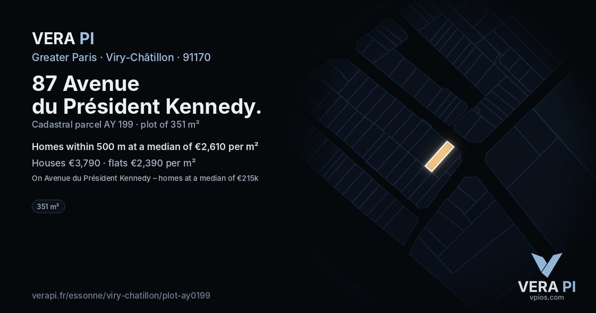 87 Avenue du Président Kennedy, Viry-Châtillon at night – the plot lit, the parcels around coloured by the prices near them
