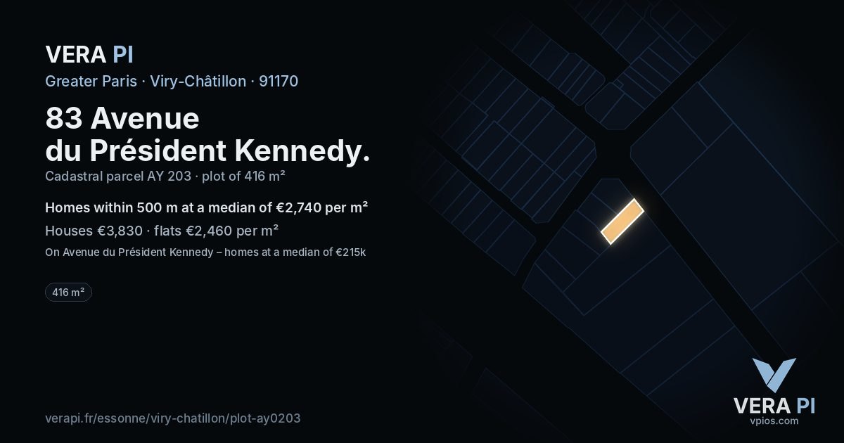 83 Avenue du Président Kennedy, Viry-Châtillon at night – the plot lit, the parcels around coloured by the prices near them