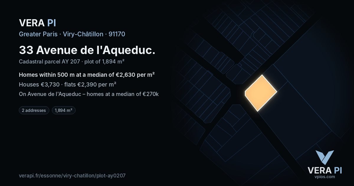 33 Avenue de l'Aqueduc, Viry-Châtillon at night – the plot lit, the parcels around coloured by the prices near them