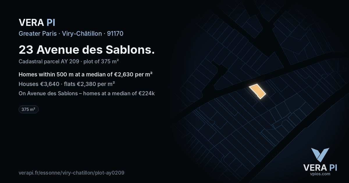 23 Avenue des Sablons, Viry-Châtillon at night – the plot lit, the parcels around coloured by the prices near them