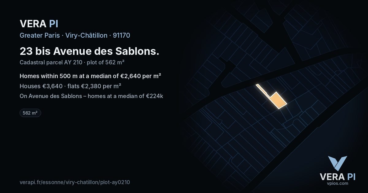 23 bis Avenue des Sablons, Viry-Châtillon at night – the plot lit, the parcels around coloured by the prices near them