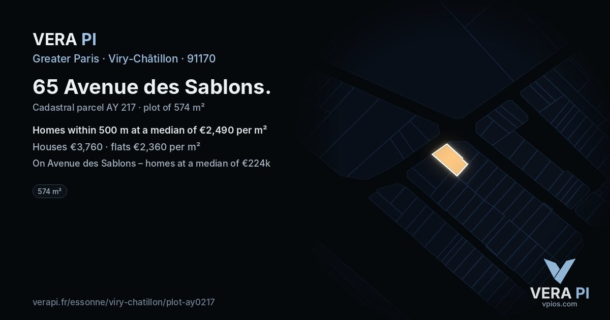 65 Avenue des Sablons, Viry-Châtillon at night – the plot lit, the parcels around coloured by the prices near them