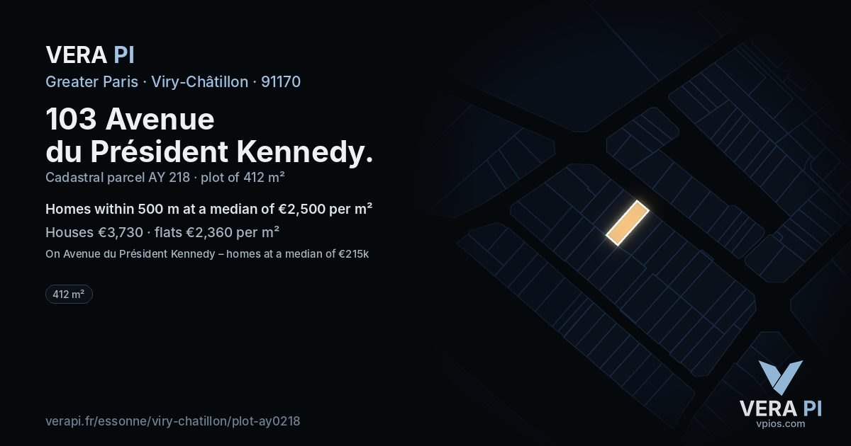 103 Avenue du Président Kennedy, Viry-Châtillon at night – the plot lit, the parcels around coloured by the prices near them