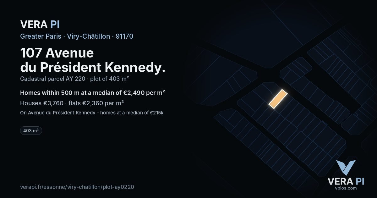 107 Avenue du Président Kennedy, Viry-Châtillon at night – the plot lit, the parcels around coloured by the prices near them