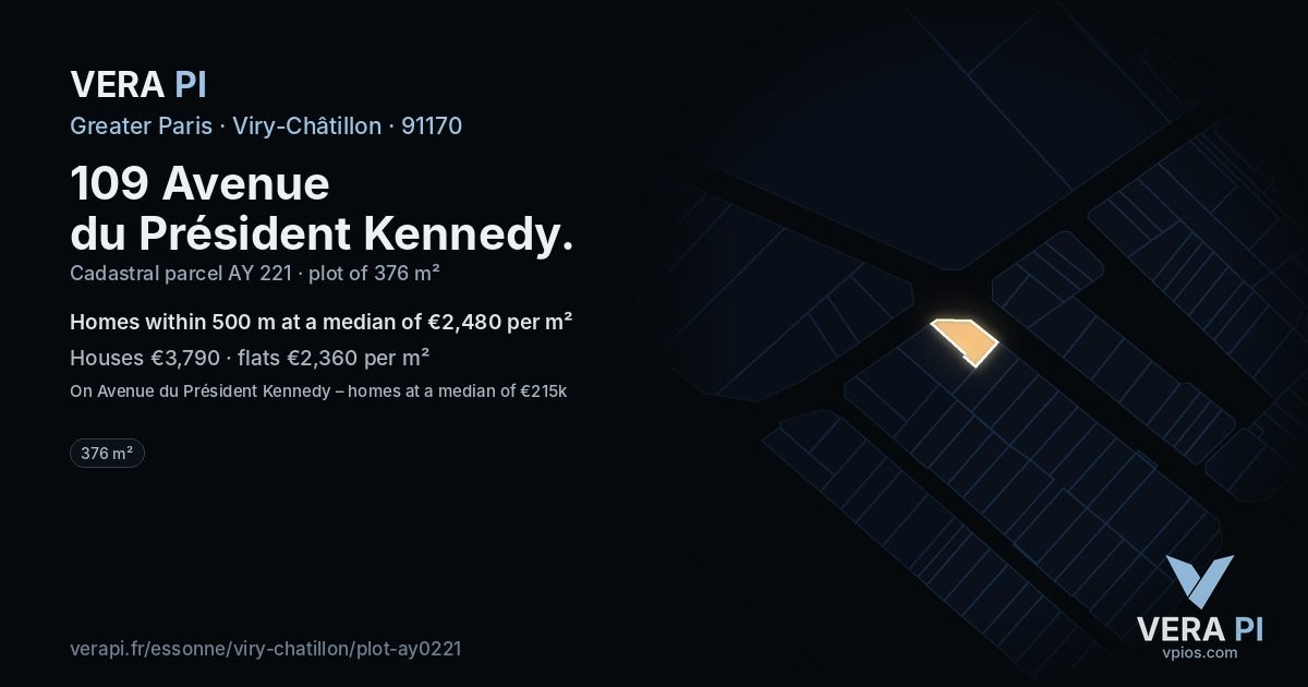 109 Avenue du Président Kennedy, Viry-Châtillon at night – the plot lit, the parcels around coloured by the prices near them
