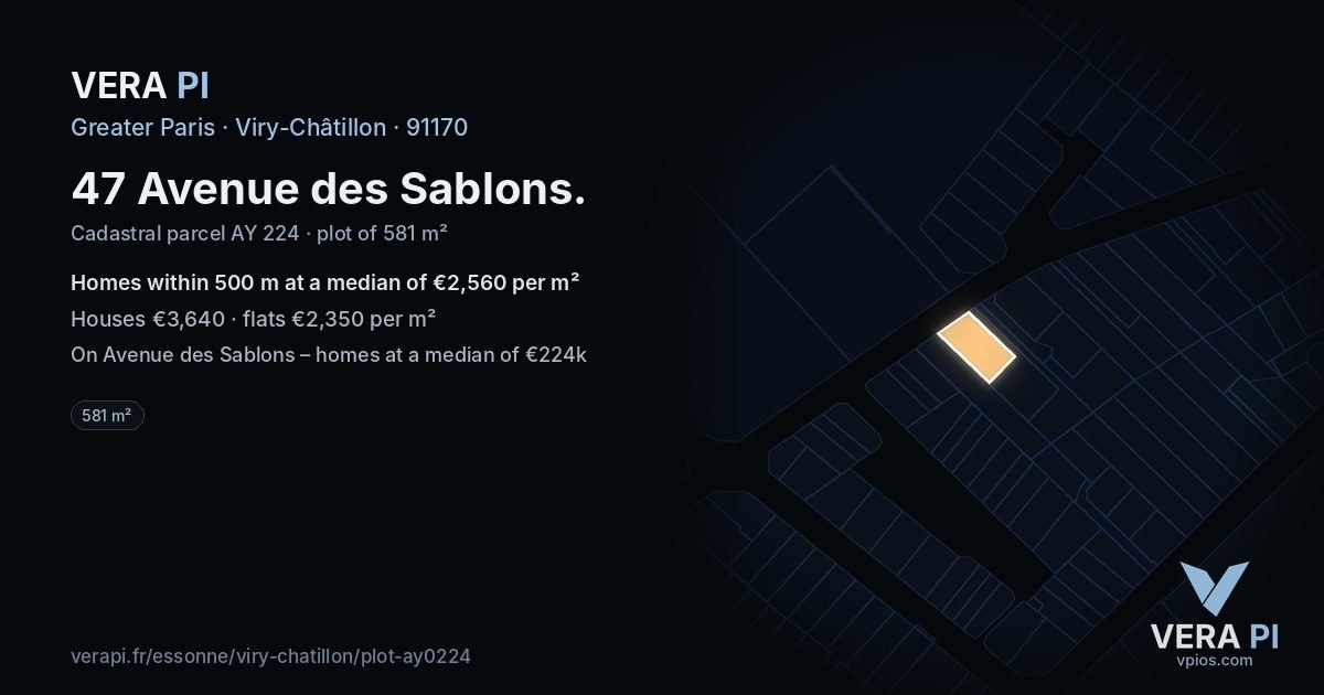 47 Avenue des Sablons, Viry-Châtillon at night – the plot lit, the parcels around coloured by the prices near them