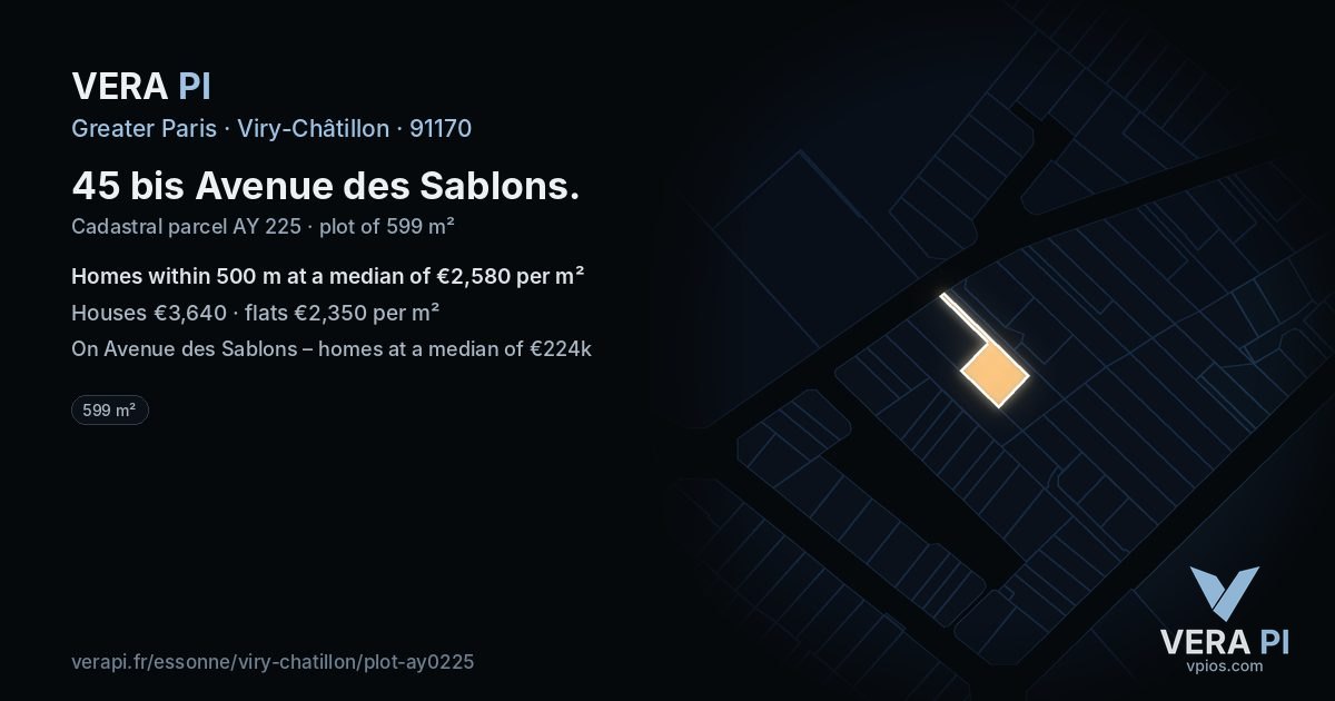 45 bis Avenue des Sablons, Viry-Châtillon at night – the plot lit, the parcels around coloured by the prices near them