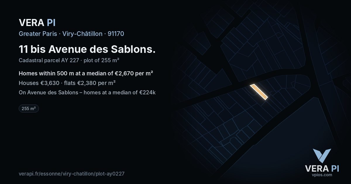 11 bis Avenue des Sablons, Viry-Châtillon at night – the plot lit, the parcels around coloured by the prices near them