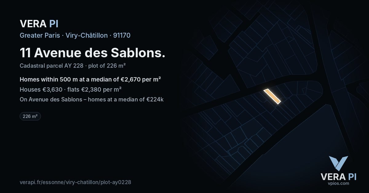 11 Avenue des Sablons, Viry-Châtillon at night – the plot lit, the parcels around coloured by the prices near them