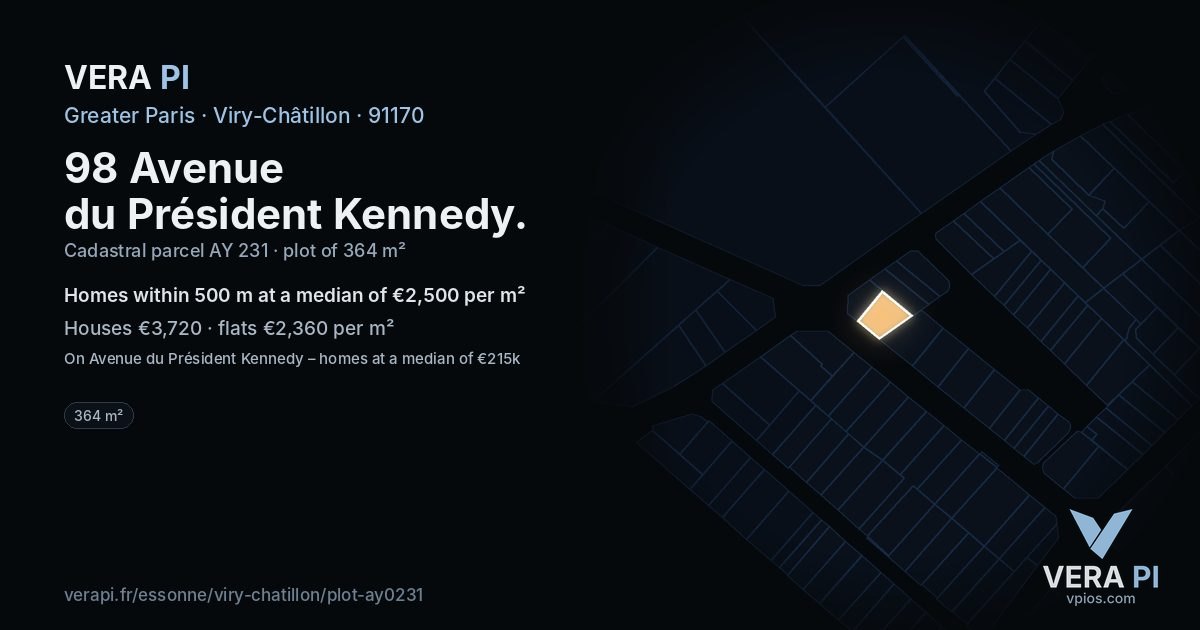 98 Avenue du Président Kennedy, Viry-Châtillon at night – the plot lit, the parcels around coloured by the prices near them