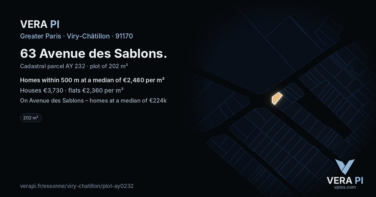63 Avenue des Sablons, Viry-Châtillon at night – the plot lit, the parcels around coloured by the prices near them