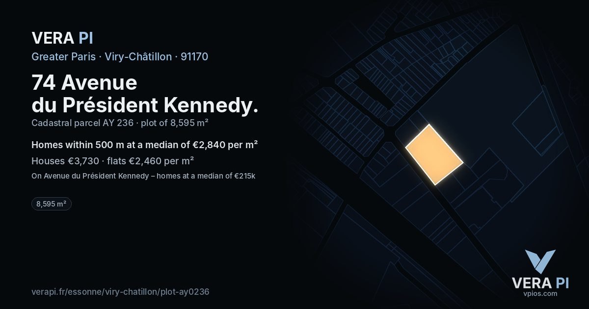 74 Avenue du Président Kennedy, Viry-Châtillon at night – the plot lit, the parcels around coloured by the prices near them